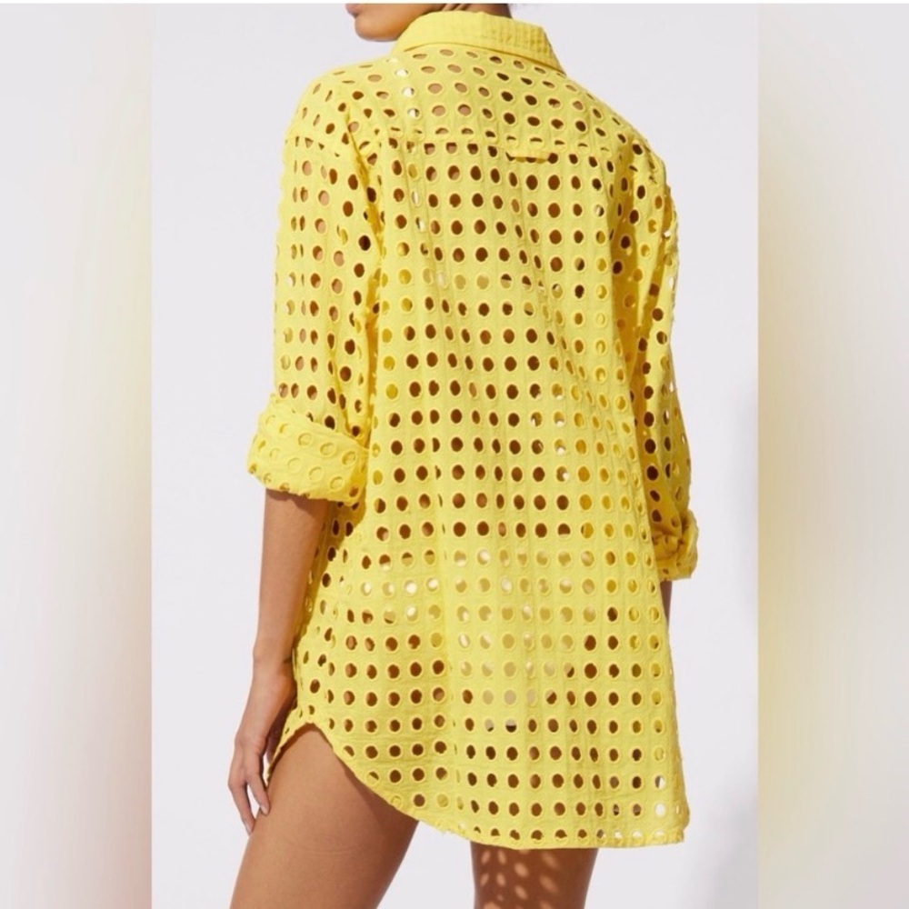 Solid & Striped Oxford Eyelet Tunic Coverup Mini Dress Long Sleeve Citron XS - Picture 6 of 15